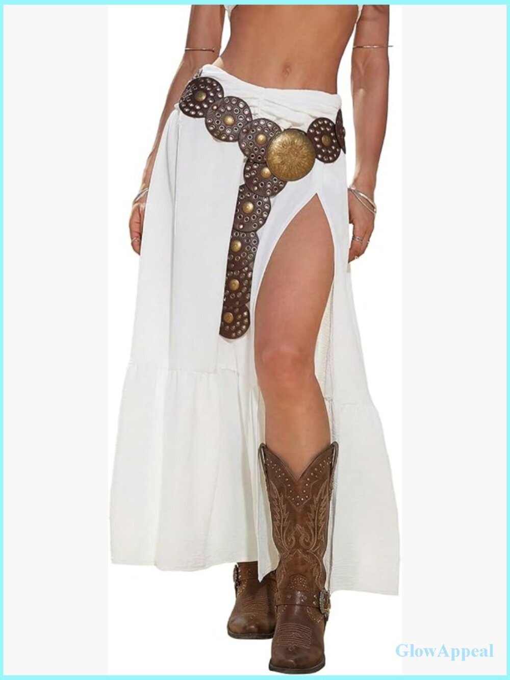 Boho Western Low Rise Maxi Skirt with Ruffle Hem and High Slit